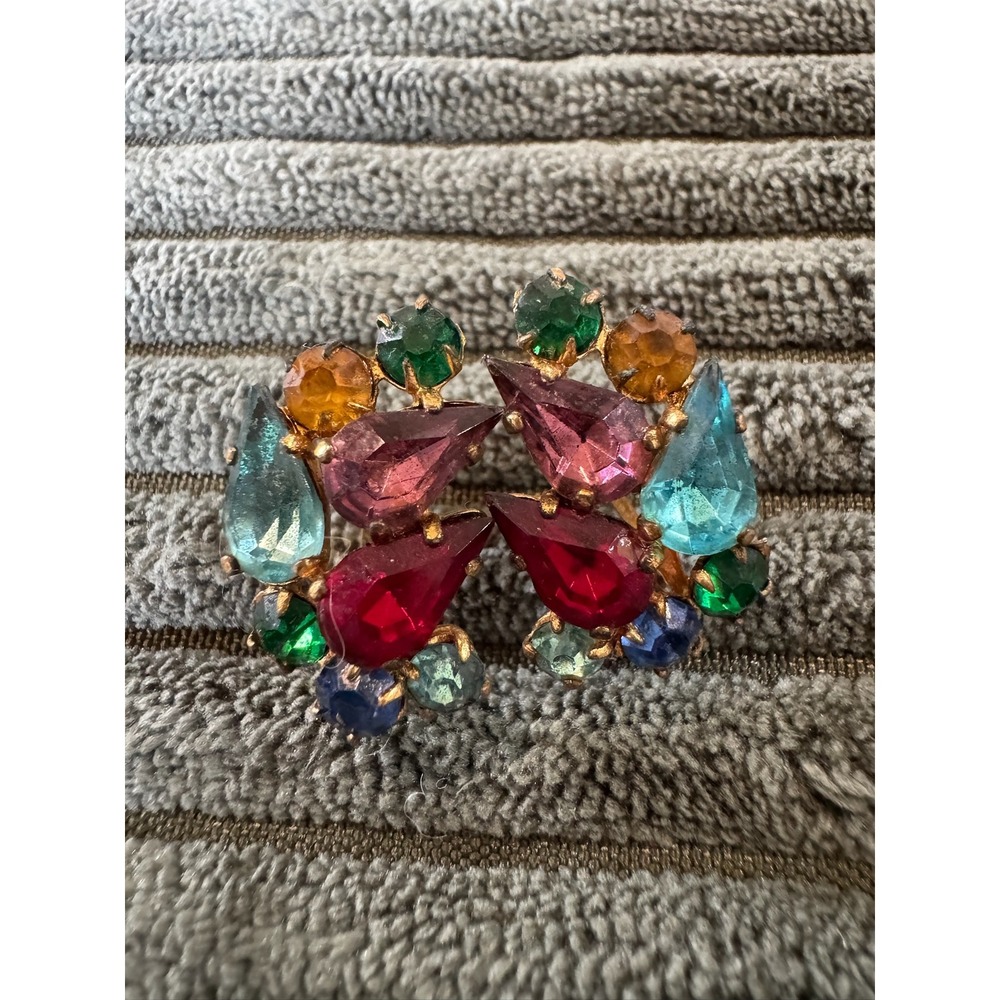 Vintage Czech Rhinestone Gold Tone Floral Clip On Earrings Colorful